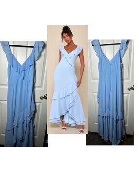 Flawed Lulus Charming Event Light Blue Asymmetrical Ruffled Maxi Dress Large NWT